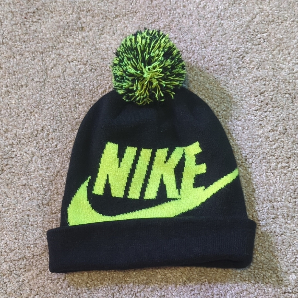 Nike Swoosh Neon Yellow And Black Winter Puff Ball Beanie Youth Size